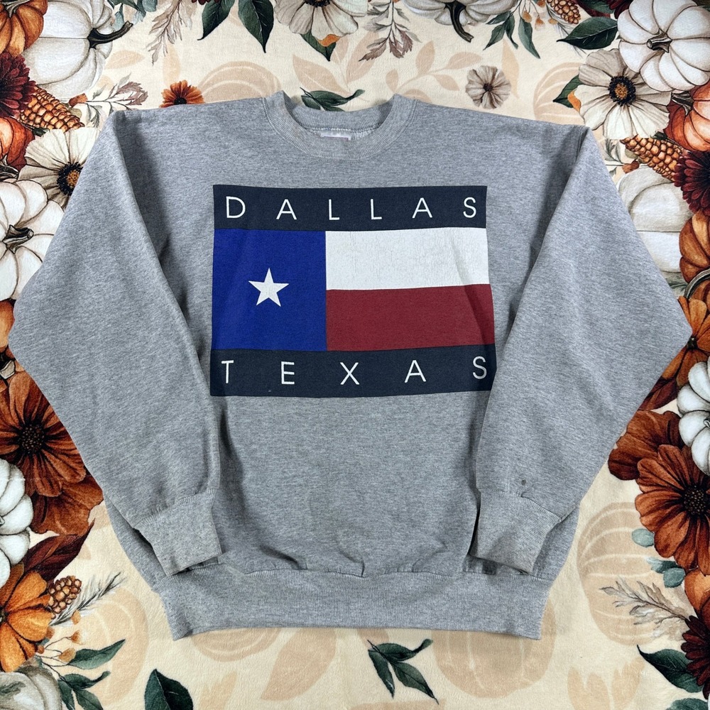 Vintage 90s Hanes Dallas Texas Flag Crewneck Mens Made in USA Gray Size Large
